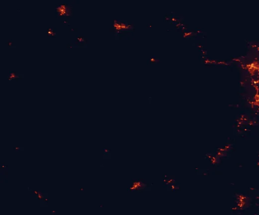 Satellite night-light map of the 100 km around Abercrombie River National Park, with Bathurst, Orange and Goulburn marked