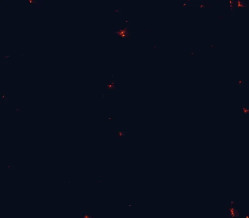 Satellite night-light map of the 100 km around Bald Rock National Park, with Warwick, Grafton and Figtree marked