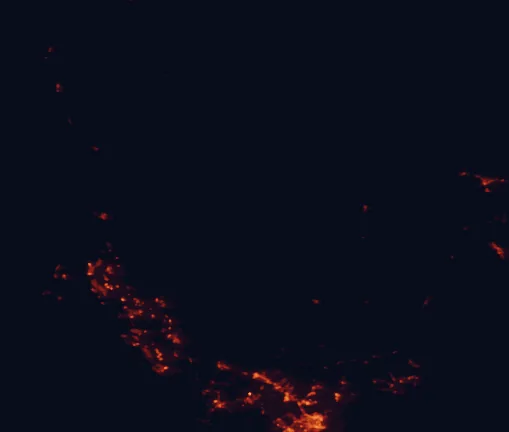 Satellite night-light map of the 100 km around Barrington Tops National Park, with Maitland, Cessnock and Muswellbrook marked
