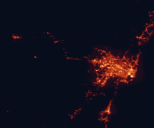 Satellite night-light map of the 100 km around Blue Mountains National Park, with Sydney, Central Coast and Wollongong marked