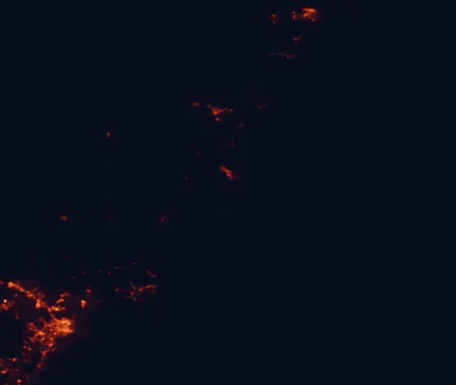 Satellite night-light map of the 100 km around Booti Booti National Park, with Newcastle, Maitland and Forster marked
