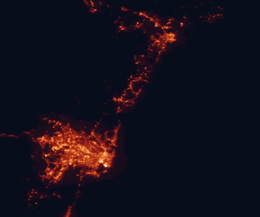 Satellite night-light map of the 100 km around Bouddi National Park, with Sydney, Central Coast and Newcastle marked