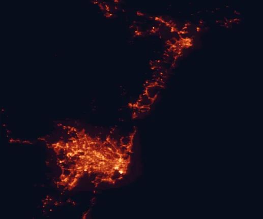 Satellite night-light map of the 100 km around Brisbane Water National Park, with Sydney, Newcastle and Maitland marked