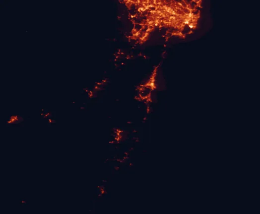 Satellite night-light map of the 100 km around Budderoo National Park, with Sydney, Wollongong and Liverpool marked