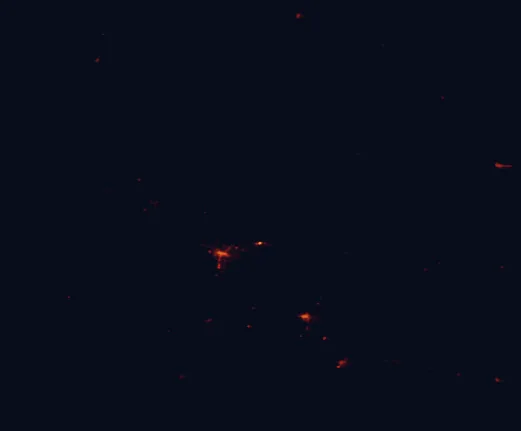 Satellite night-light map of the 100 km around Cocoparra National Park, with Griffith and Leeton marked