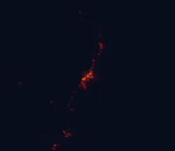 Satellite night-light map of the 50 km around Coffs Harbour, with Toormina, Sawtell and Woolgoolga marked