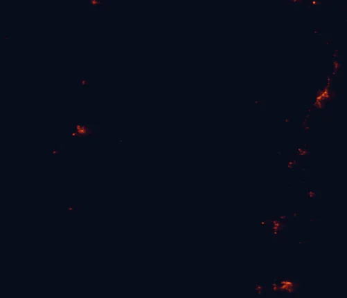 Satellite night-light map of the 100 km around Cunnawarra National Park, with Coffs Harbour, Port Macquarie and Armidale marked