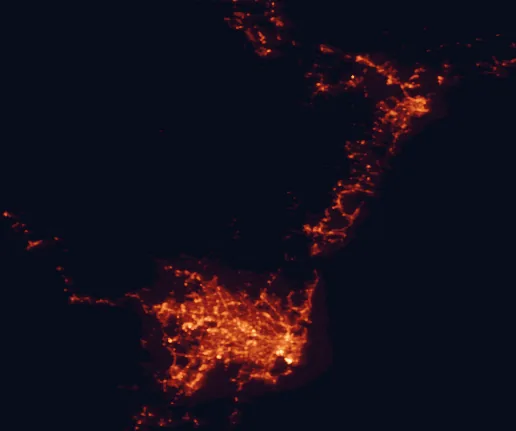 Satellite night-light map of the 100 km around Dharug National Park, with Sydney, Central Coast and Newcastle marked