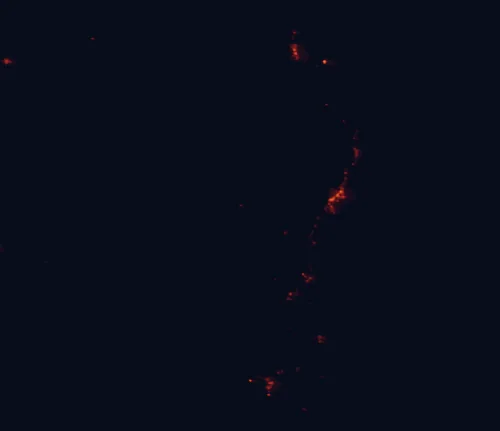 Satellite night-light map of the 100 km around Dorrigo National Park, with Coffs Harbour, Grafton and Kempsey marked