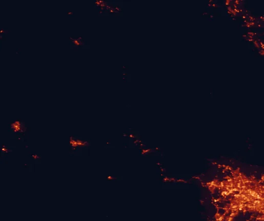 Satellite night-light map of the 100 km around Gardens of Stone National Park, with Bathurst, Orange and Liverpool marked
