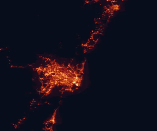 Satellite night-light map of the 100 km around Garigal National Park, with Sydney, Central Coast and Newcastle marked