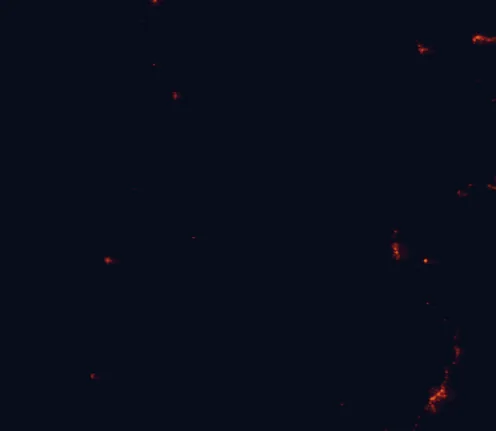 Satellite night-light map of the 100 km around Gibraltar Range National Park, with Coffs Harbour, Grafton and Casino marked