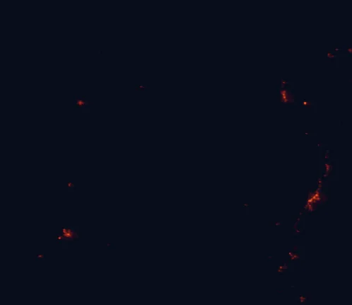 Satellite night-light map of the 100 km around Guy Fawkes River National Park, with Coffs Harbour, Armidale and Grafton marked