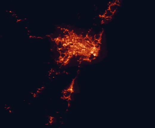 Satellite night-light map of the 100 km around Heathcote National Park, with Sydney, Wollongong and Central Coast marked