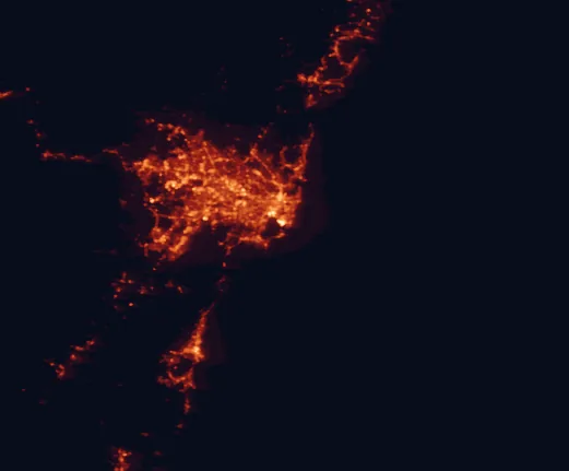 Satellite night-light map of the 100 km around Kamay Botany Bay National Park, with Sydney, Central Coast and Wollongong marked