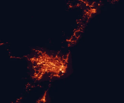 Satellite night-light map of the 100 km around Ku-ring-gai Chase National Park, with Sydney, Central Coast and Newcastle marked