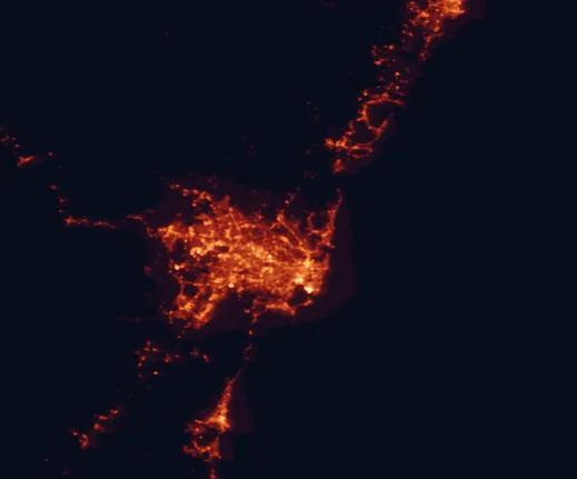 Satellite night-light map of the 100 km around Lane Cove National Park, with Sydney, Central Coast and Wollongong marked