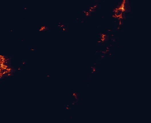 Satellite night-light map of the 100 km around Morton National Park, with Wollongong, Goulburn and Batemans Bay marked