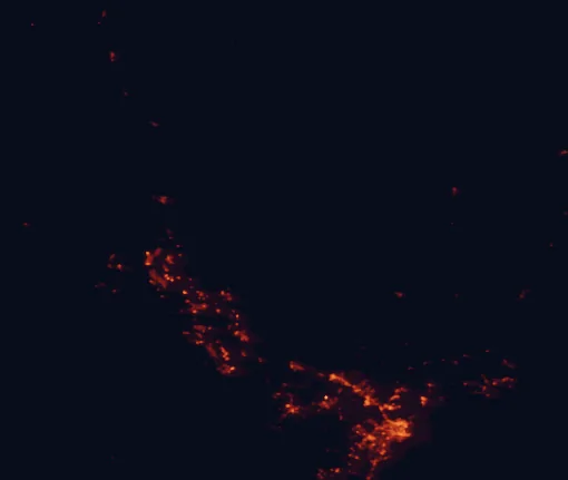 Satellite night-light map of the 100 km around Mount Royal National Park, with Newcastle, Maitland and Muswellbrook marked