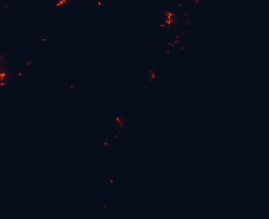 Satellite night-light map of the 100 km around Murramarang National Park, with Batemans Bay and Nowra marked