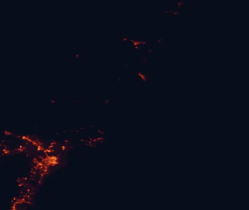 Satellite night-light map of the 100 km around Myall Lakes National Park, with Newcastle, Maitland and Forster marked