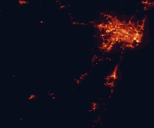 Satellite night-light map of the 100 km around Nattai National Park, with Sydney, Wollongong and Liverpool marked