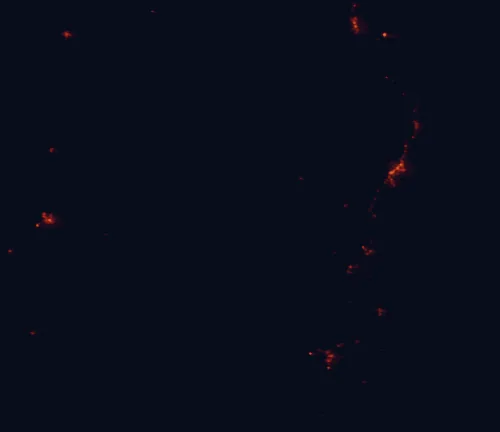 Satellite night-light map of the 100 km around New England National Park, with Coffs Harbour, Armidale and Grafton marked