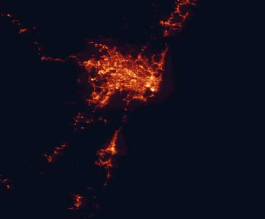Satellite night-light map of the 100 km around Royal National Park, with Sydney, Wollongong and Central Coast marked