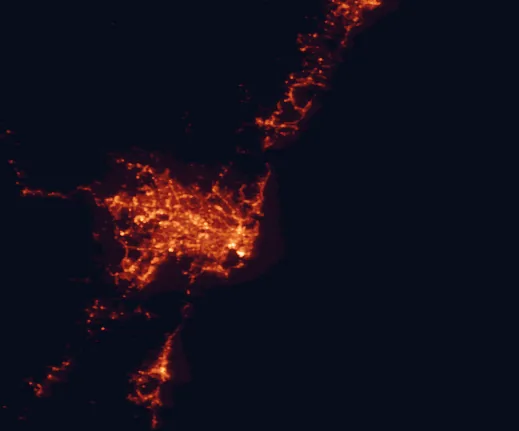 Satellite night-light map of the 100 km around Sydney Harbour National Park, with Sydney, Central Coast and Wollongong marked