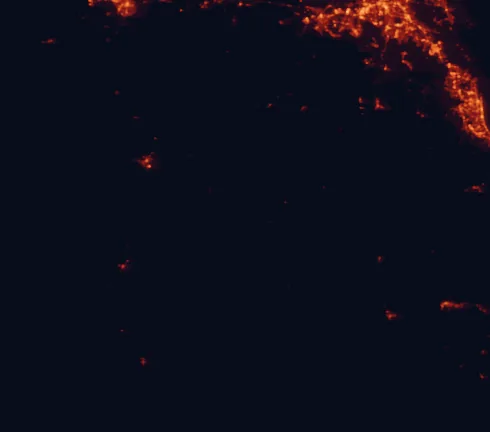 Satellite night-light map of the 100 km around Tooloom National Park, with Logan City, Warwick and Figtree marked