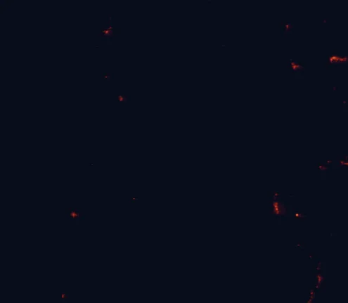 Satellite night-light map of the 100 km around Washpool National Park, with Grafton and Casino marked