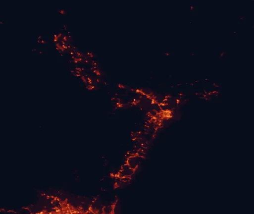 Satellite night-light map of the 100 km around Werakata National Park, with Newcastle, Central Coast and Maitland marked