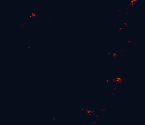 Satellite night-light map of the 100 km around Werrikimbe National Park, with Port Macquarie, Armidale and Taree marked