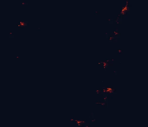 Satellite night-light map of the 100 km around Willi Willi National Park, with Port Macquarie, Coffs Harbour and Armidale marked