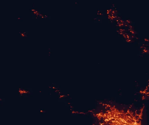 Satellite night-light map of the 100 km around Wollemi National Park, with Bathurst, Parramatta and Hornsby marked