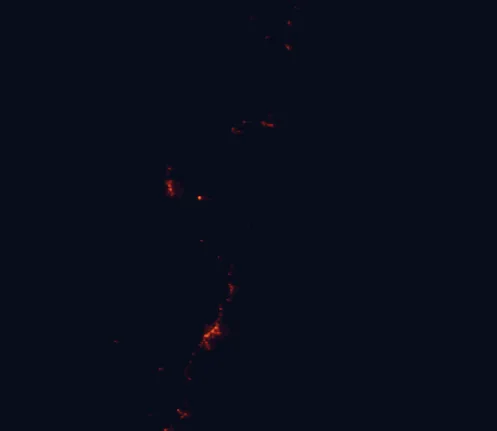 Satellite night-light map of the 100 km around Yuraygir National Park, with Coffs Harbour and Grafton marked