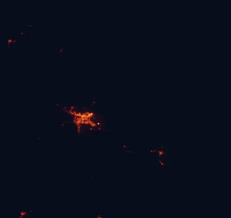 Satellite night-light map of the 100 km around Bowling Green Bay National Park, with Townsville and Ayr marked