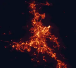 Satellite night-light map of the 50 km around Brisbane, with Logan City, Capalaba and Narangba marked