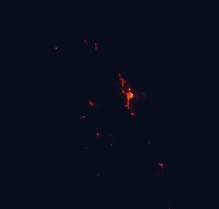 Satellite night-light map of the 100 km around Davies Creek National Park, with Cairns, Redlynch and Mareeba marked