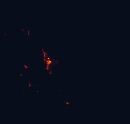 Satellite night-light map of the 100 km around Fitzroy Island National Park, with Cairns, Redlynch and Mareeba marked
