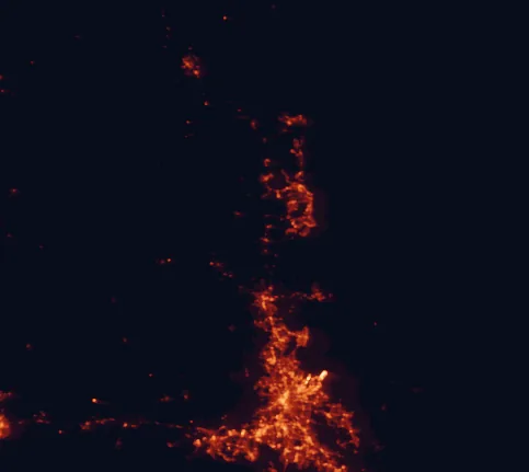 Satellite night-light map of the 100 km around Glass House Mountains National Park, with Brisbane, Sunshine Coast and Logan City marked