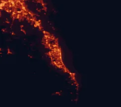 Satellite night-light map of the 50 km around Gold Coast, with Logan City, Coomera and Tweed Heads marked