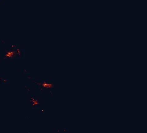 Satellite night-light map of the 100 km around Great Sandy National Park, with Hervey Bay, Bundaberg and Maryborough marked