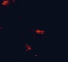 Satellite night-light map of the 50 km around Hervey Bay, with Bundaberg, Maryborough and Urraween marked
