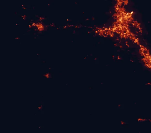Satellite night-light map of the 100 km around Main Range National Park, with Brisbane, Logan City and Toowoomba marked