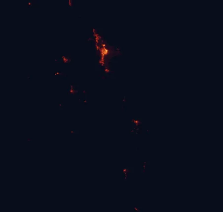 Satellite night-light map of the 100 km around Wooroonooran National Park, with Cairns, Redlynch and Mareeba marked