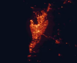 Satellite night-light map of the 50 km around Adelaide, with Adelaide Hills, Prospect and Mount Barker marked