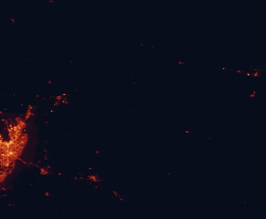 Satellite night-light map of the 100 km around the River Murray Dark Sky Reserve, with Adelaide, Adelaide Hills and Gawler marked