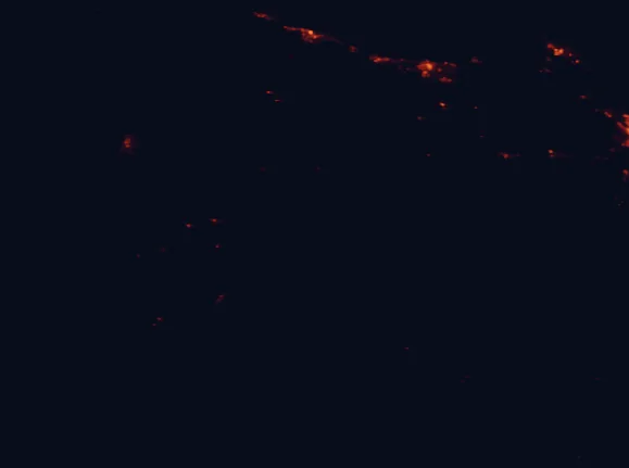 Satellite night-light map of the 100 km around Cradle Mountain-Lake St Clair National Park, with Devonport and Burnie marked