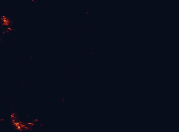 Satellite night-light map of the 100 km around Freycinet National Park, with Hobart and Launceston marked